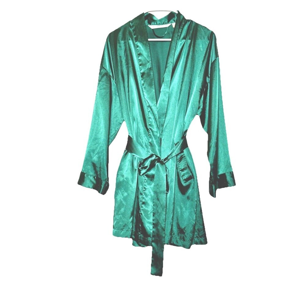 Victoria's Secret Womens Robe One Size Green Silk Satin Kimono With Pockets